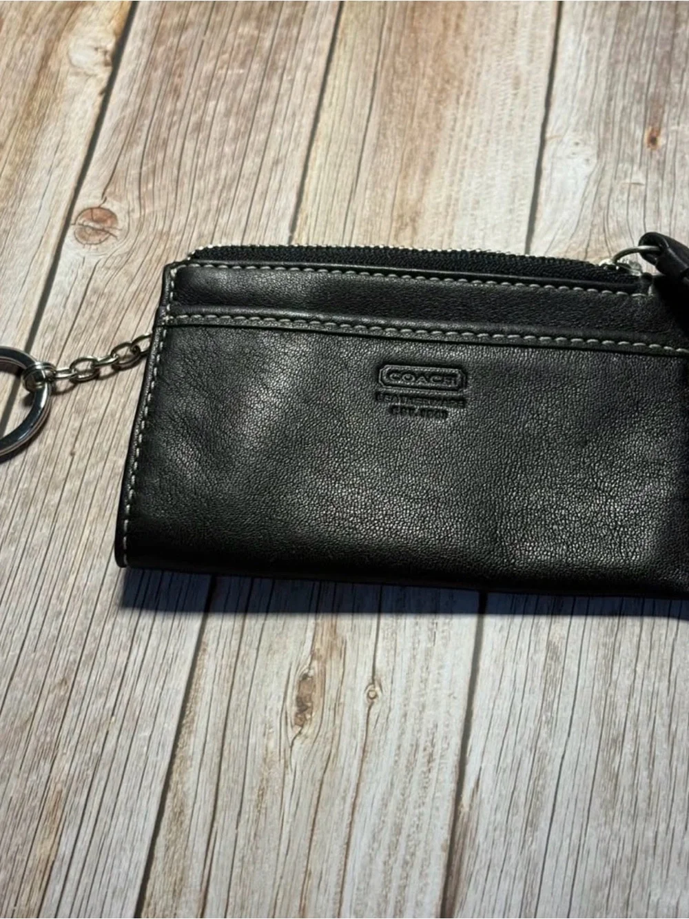Coach Black Leather Zip Card Wallet with White Contrast Stitching